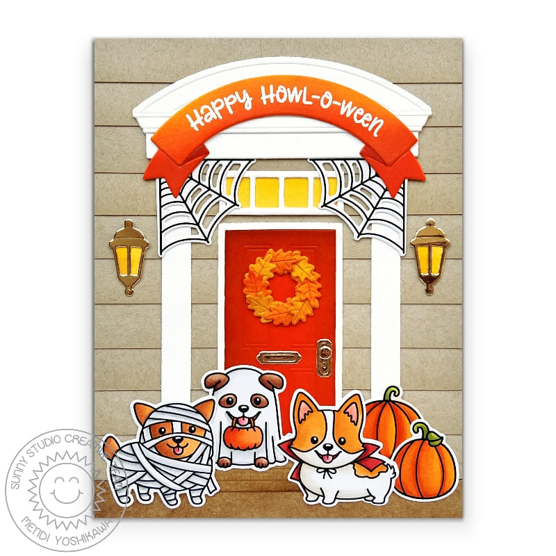 Sunny Studio Dogs in Costumes at Front Door Trick-or-Treat Halloween Fall Card using Happy Howl-o-ween 4x6 Clear Craft Stamps