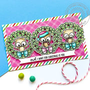 Sunny Studio Owls in Wreath Colorful Striped Slimline Handmade Holiday Christmas Card using Happy Owlidays Clear Craft Stamps
