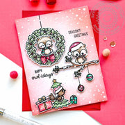 Sunny Studio Owl with Tree Branch, Wreath & Christmas Tree Pink Snowy Holiday Card using Happy Owlidays Clear Craft Stamps