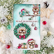 Sunny Studio Owl with Tree Branch, Wreath & Ornaments Handmade Holiday Christmas Card using Happy Owlidays Clear Craft Stamps