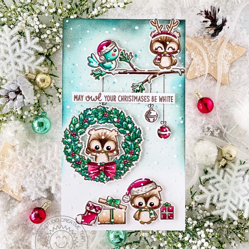 Sunny Studio Owl with Tree Branch, Wreath & Ornaments Handmade Holiday Christmas Card using Happy Owlidays Clear Craft Stamps