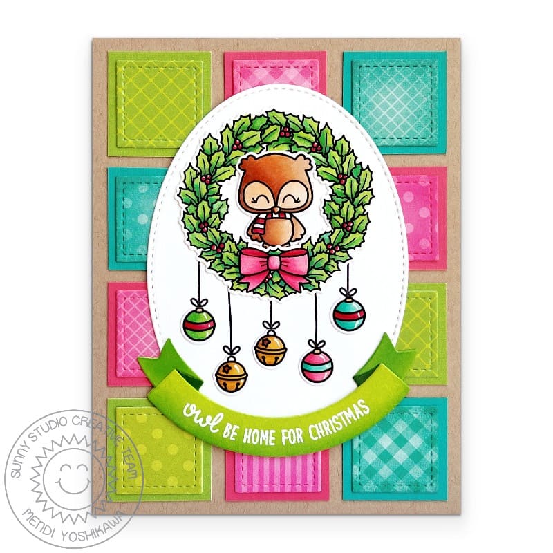 Sunny Studio Owl in Wreath with Hanging Ornaments Handmade Holiday Christmas Card using Happy Owlidays Clear Craft Stamps