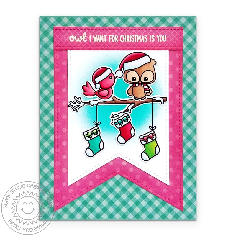 Sunny Studio Stamps Owl & Bird on Tree Branch with Hanging Stockings Holiday Christmas Card using Slimline Pennant Craft Dies