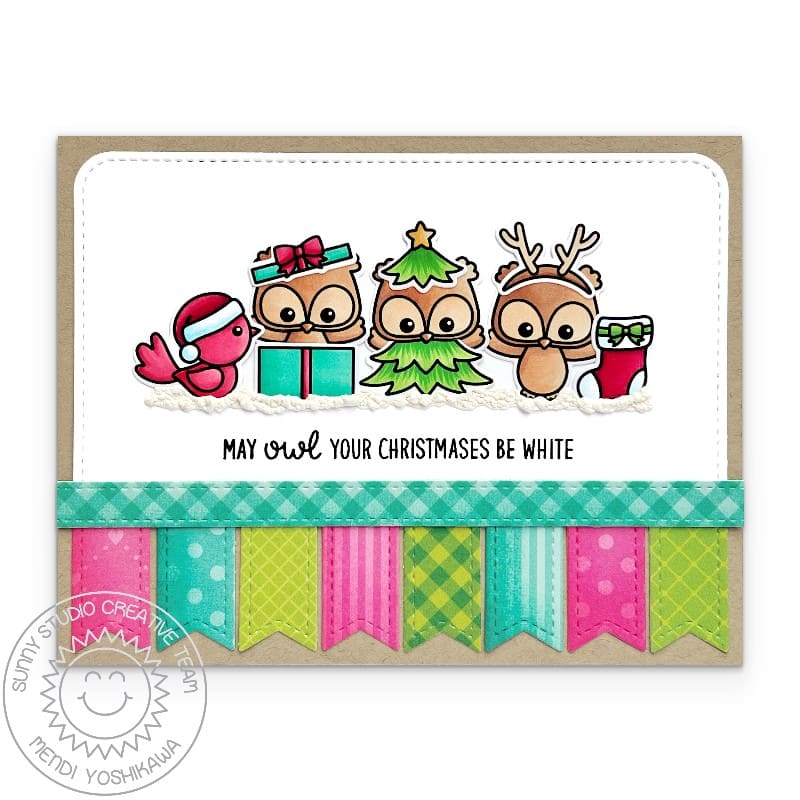 Sunny Studio Stamps Owls Dressed for the Holidays Colorful Handmade Christmas Card using Slimline Pennant Metal Craft Dies