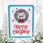 Sunny Studio Owl with Wreath Cable Knit Embossed Handmade Holiday Christmas Card using Happy Owlidays Clear Craft Stamps