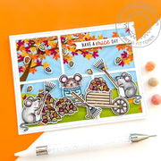 Sunny Studio "Have a Mice Day" Mouse Raking Fall Leaves Handmade DIY Autumn Scene Card using Harvest Mice Clear Craft Stamps