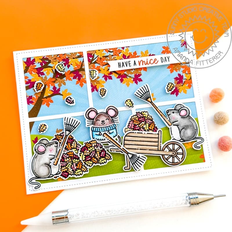 Sunny Studio "Have a Mice Day" Mouse Raking Fall Leaves Handmade DIY Autumn Scene Card using Harvest Mice Clear Craft Stamps