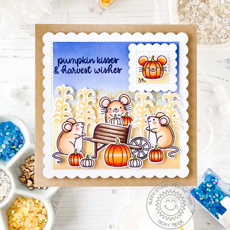 Sunny Studio Stamps Pumpkin Kisses & Harvest Wishes Fall Mouse Autumn Postcard Card using Scalloped Square 1 Small Craft Dies