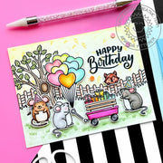 Sunny Studio Mouse Birthday Party with Balloons & Wagon with Gifts Presents Card using Heart Bouquet 2x3 Clear Craft Stamps
