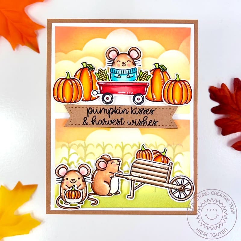 Sunny Studio Stamps Pumpkin Kisses & Harvest Wishes Fall Mouse 2 Scene Autumn Card using Scalloped Square 1 Small Craft Dies