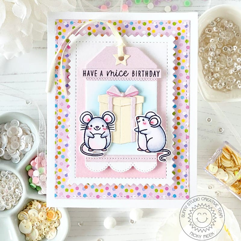 Sunny Studio Stamps Harvest Mouse with Big Present Have a Mice Birthday Punny Card using Perfect Gift Boxes Metal Craft Dies