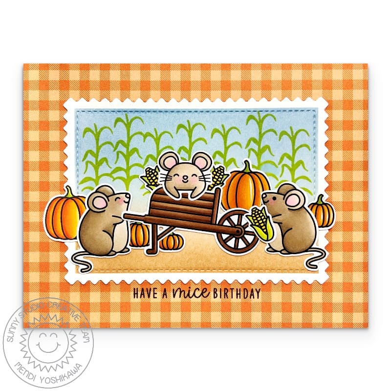 Sunny Studio Stamps Orange Gingham Have a Mice Birthday Punny Fall Mouse with Pumpkins Card using Mini Mat & Tag 4 Craft Dies