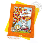 Sunny Studio "Hello Pumpkin" Mouse in Wagon Fall Leaves DIY Autumn Scene Pop-up Card using Harvest Mice Clear Craft Stamps