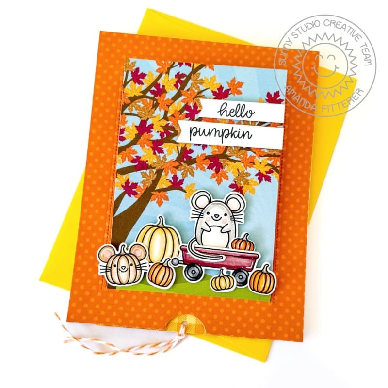 Sunny Studio "Hello Pumpkin" Mouse in Wagon Fall Leaves DIY Autumn Scene Pop-up Card using Harvest Mice Clear Craft Stamps