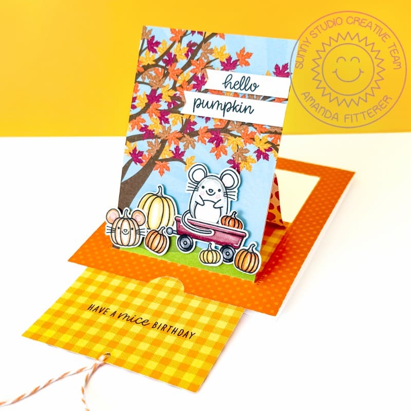 Sunny Studio Stamps Hello Pumpkin Mouse Mice in Wagon Fall Leaves Autumn Tree Pop-up Card using Critter Country 6x6 Paper Pad