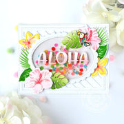 Sunny Studio Hawaiian Tropical Flowers Aloha Shaker Card (using Radiant Plumeria 4x6 Clear Layering Stamps)