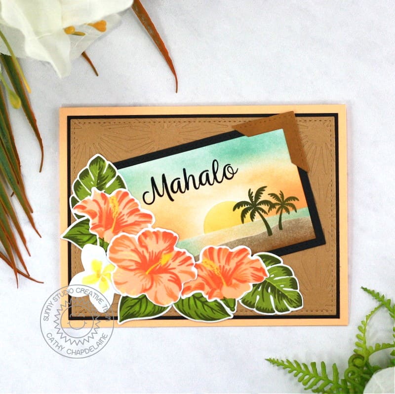 Sunny Studio Tropical Flowers Mahalo Sunset Vintage Postcard Inspired Card (using Hawaiian Hibiscus Clear Layering Stamps)