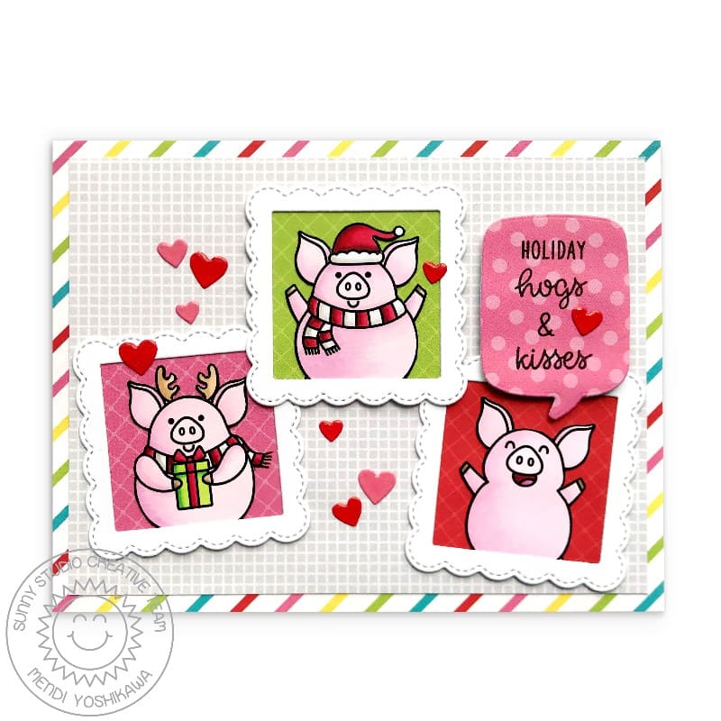 Sunny Studio Rainbow Pig Holiday Christmas Card with Scalloped Square Frames (using Hogs & Kisses 3x4 Clear Stamps)