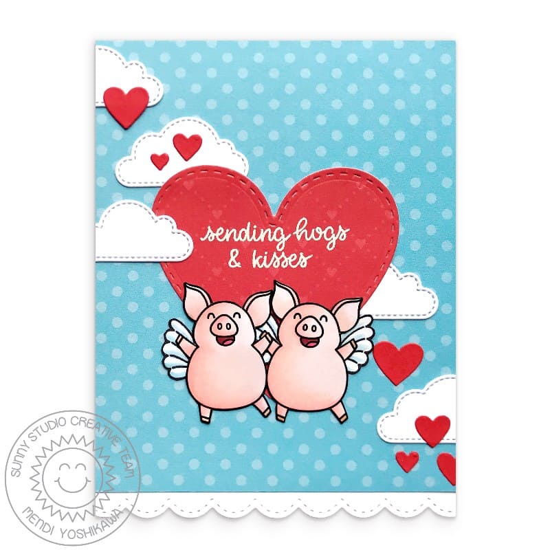 Sunny Studio Sending Hugs Heart with Clouds Pig Angels Valentine's Day Card (using Hogs & Kisses 3x4 Clear Stamps)