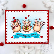 Sunny Studio Three Little Pigs Piggy Red & White Scalloped Holiday Christmas Card using Hogs & Kisses Clear Craft Stamps