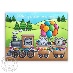 Sunny Studio Critters on a Birthday Train with Balloons & Gifts Handmade Card (using Floating By 2x3 Clear Stamps)