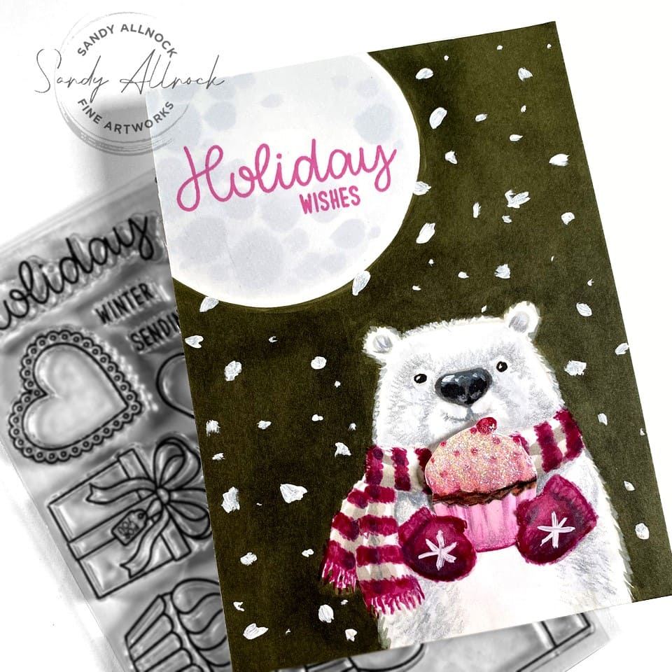 Sunny Studio White Fuzzy Polar Bear Holding Pink Glitter Cupcake Holiday Wishes Winter Card using Holiday Hugs Clear Stamps