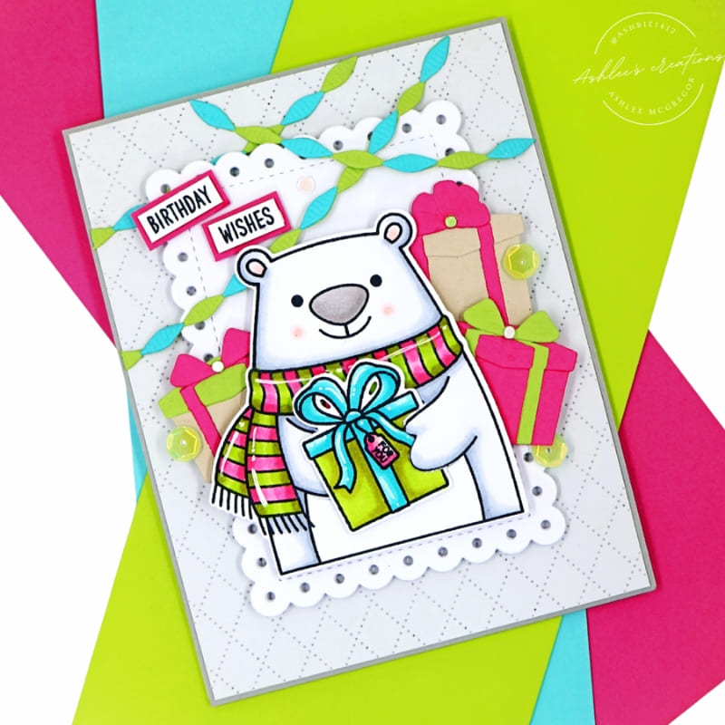 Sunny Studio Stamps Pink, Aqua & Green Polar Bear with Birthday Gifts Scalloped Card using Dotted Diamond Portrait Metal Die