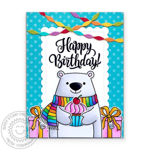 Sunny Studio Polar Bear Holding Cupcake with Rainbow Streamers & Gifts Birthday Card (using Holiday Hugs 4x6 Clear Stamps)