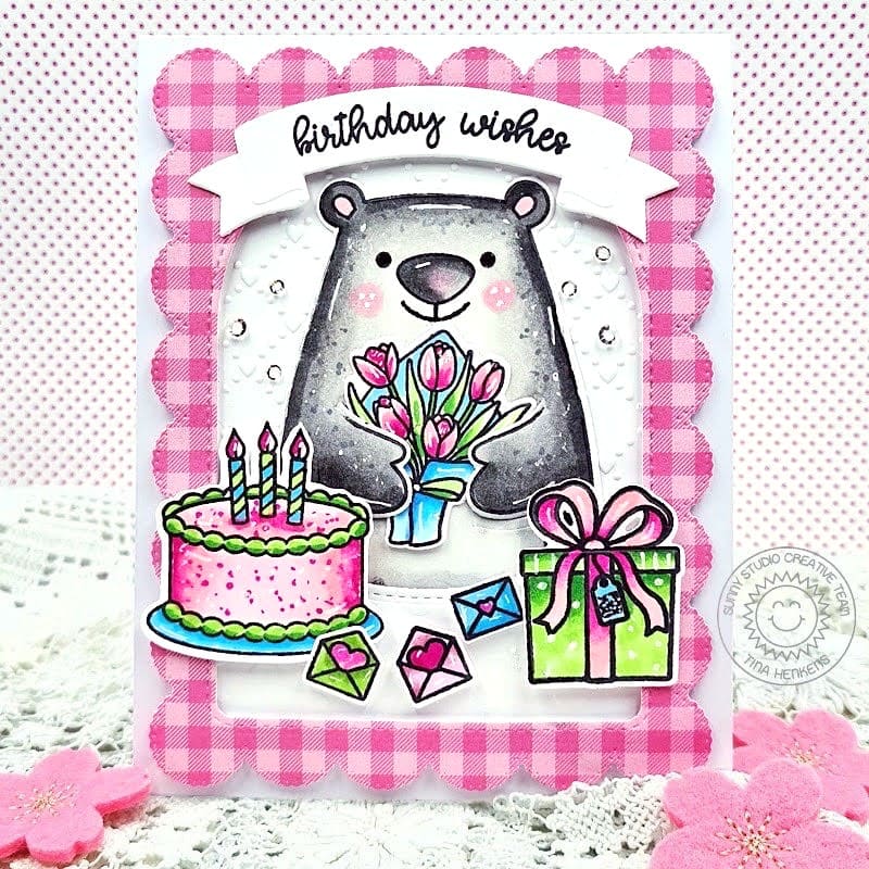 Sunny Studio Bear with Cake, Candles, Flowers & Gifts Pink Gingham Scalloped Birthday Card using Make A Wish 2x3 Clear Stamps