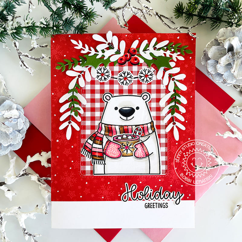 Sunny Studio Stamps Red Gingham & Snowflake Polar Bear with Cocoa & Holly Christmas Holiday Card using Winter Greenery Dies