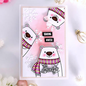 Sunny Studio Soft Pink with Snowflakes & Big Peeking Polar Bears Sending Winter Hugs Card using Holiday Hugs 4x6 Clear Stamps