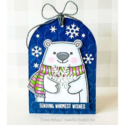 Sunny Studio Stamps Polar Bear Snowflake Blue Embossed Christmas Holiday Gift Tag using Moroccan Circles 6x6 Embossing Folder