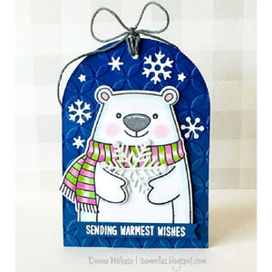 Sunny Studio Polar Bear Wearing Scarf & Holding Snowflake Blue Embossed Christmas Gift Tag using Holiday Hugs Clear Stamps