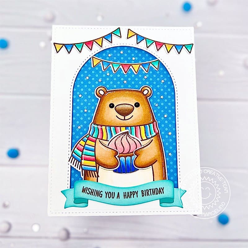 Sunny Studio Bear Holding Large Cupcake with Banners  Blue Polka-dot Birthday Card using Holiday Hugs 4x6 Clear Stamps