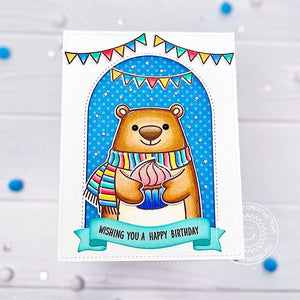 Sunny Studio Bear Holding Large Cupcake with Banners  Blue Polka-dot Birthday Card using Holiday Hugs 4x6 Clear Stamps