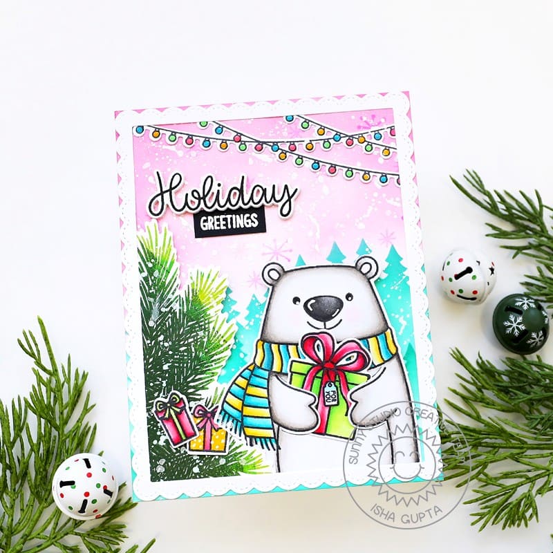 Sunny Studio Polar Bear Wearing Scarf & Holding Christmas Present with String of Lights Card using Holiday Hugs Clear Stamps