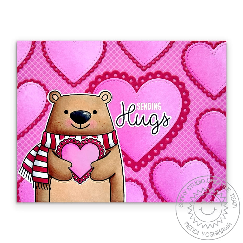 Sunny Studio Red & Hot Pink Scalloped Heart Sending Hugs Bear Valentine's Day Card (using Holiday Hugs 4x6 Clear Stamps)