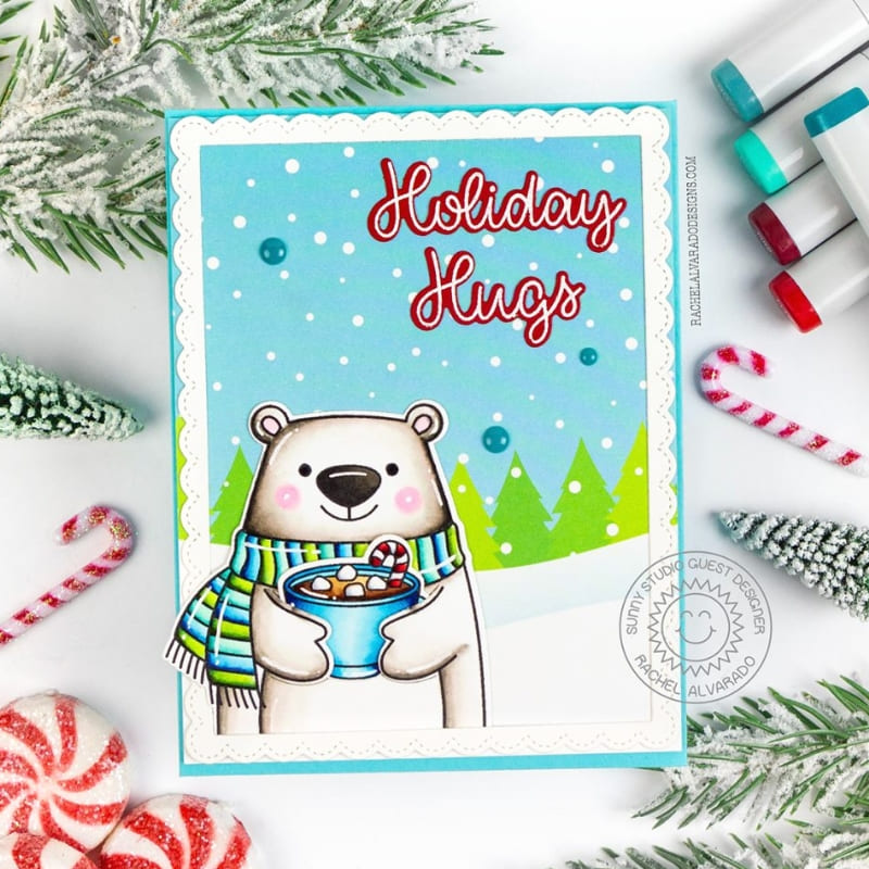 Sunny Studio Polar Bear Wearing Scarf & Holding Hot Chocolate Cocoa Winter Christmas Card using Holiday Hugs 4x6 Clear Stamps