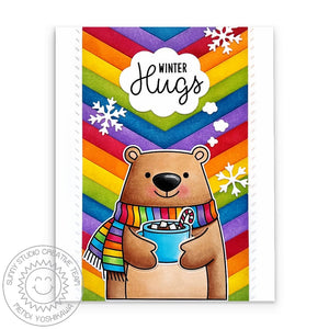 Sunny Studio Bear Holding Hot Cocoa Mug Rainbow Chevron Striped Christmas Card (using Holiday Hugs 4x6 Clear Stamps)