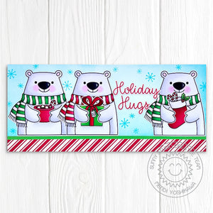 Sunny Studio 3 Polar Bears Holding Stocking, Gift & Hot Cocoa Mug Slimline Christmas Card using Holiday Hugs 4x6 Clear Stamps