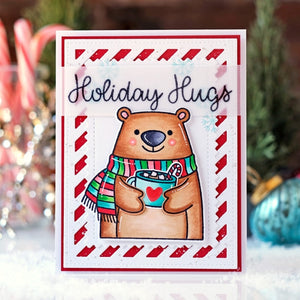 Sunny Studio Red & White Striped Bear Wearing Rainbow Scarf Holding Hot Cocoa Card (using Holiday Hugs Clear Stamps)