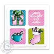 Sunny Studio Gift, Hot Cocoa Mug & Stocking Square Grid Pastel Christmas Card (using Window Quad Square Metal Cutting Dies)