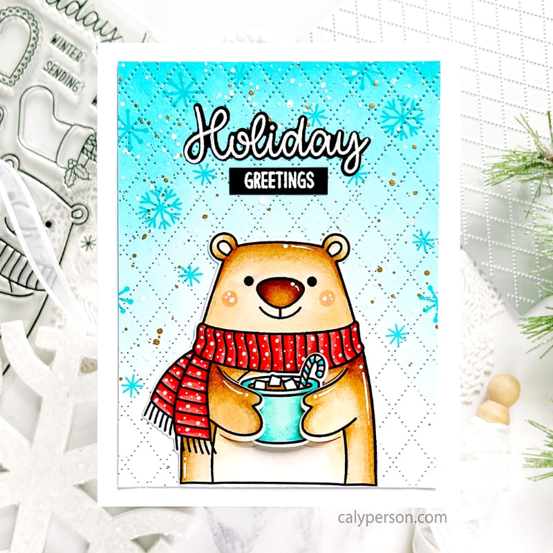 Sunny Studio Stamps Bear wearing Scarf with Hot Cocoa Winter Holiday Christmas Card (using Dotted Diamond Portrait Pierced Die)