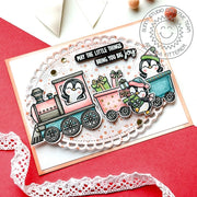 Sunny Studio Penguins Riding Train Carrying Gifts Handmade Christmas Card using Holiday Express 4x6 Clear Craft Stamps