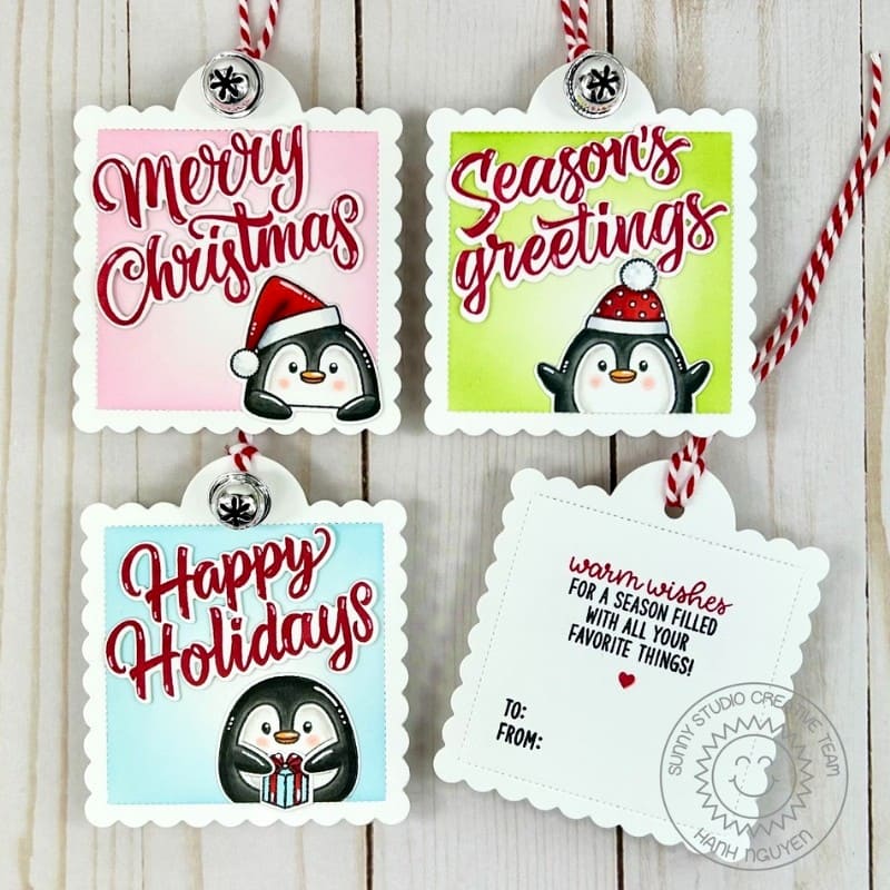 Sunny Studio Warm Wishes Penguin Christmas Holiday Scalloped Square Gift Tags using Roly Poly Penguins 4x6 Clear Craft Stamps