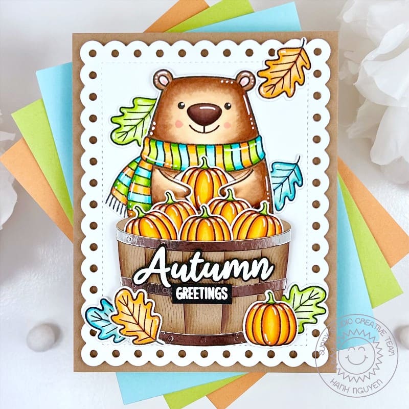 Sunny Studio Bear with Fall Leaves & Pumpkins in Wood Barrel Handmade Card using Beautiful Autumn 2x3 Clear Craft Stamps