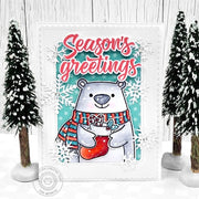 Sunny Studio Polar Bear Season's Greetings Red & Teal Scalloped Winter Christmas Card using Holiday Hugs Clear Craft Stamps