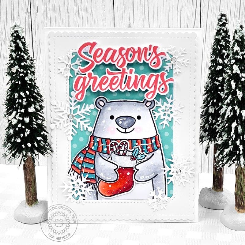 Sunny Studio Polar Bear Season's Greetings Red & Teal Scalloped Winter Christmas Card using Holiday Hugs Clear Craft Stamps