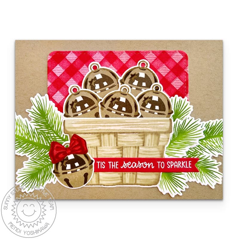 Sunny Studio Gold Jingle Bells & Red Gingham Handmade Holiday Christmas Card using Layered Basket Clear Layering Craft Stamps