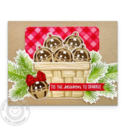 Sunny Studio Gold Jingle Bells in Basket Red Gingham Handmade Christmas Card using Holiday Style Clear Layering Craft Stamps